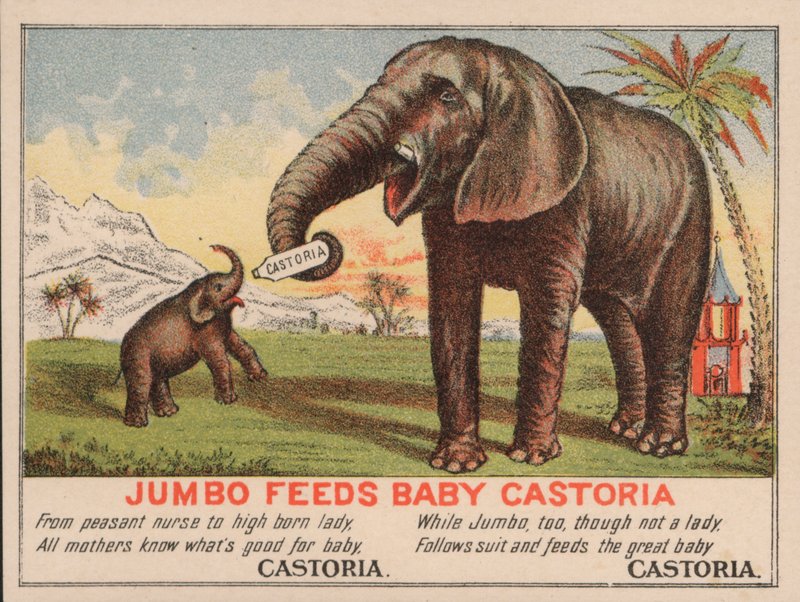 Jumbo alimenta o bebê Castoria, propaganda da medicina de Fletcher Castoria, com o famoso elefante de circo de PT Barnum de American School