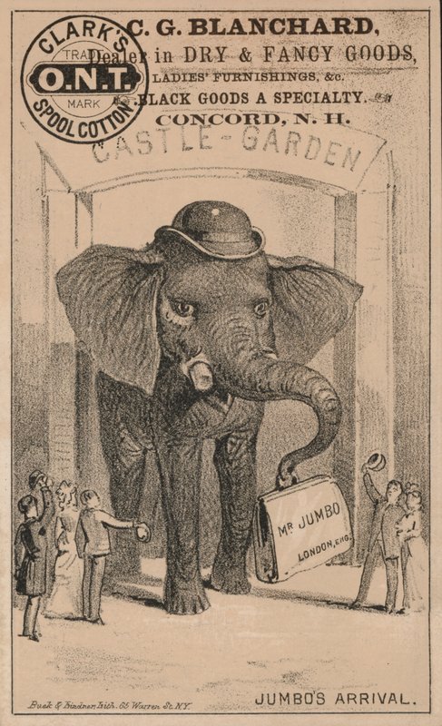 Chegada de Jumbo, propaganda do algodão carretel de Clark, com o famoso elefante de circo de PT Barnum de American School