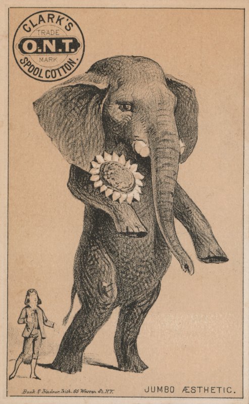 Chegada de Jumbo, propaganda do algodão carretel de Clark, com o famoso elefante de circo de PT Barnum de American School