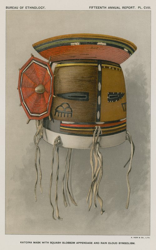 Máscara de Katcina com apêndice de flor de abóbora e simbolismo de nuvem de chuva de American School