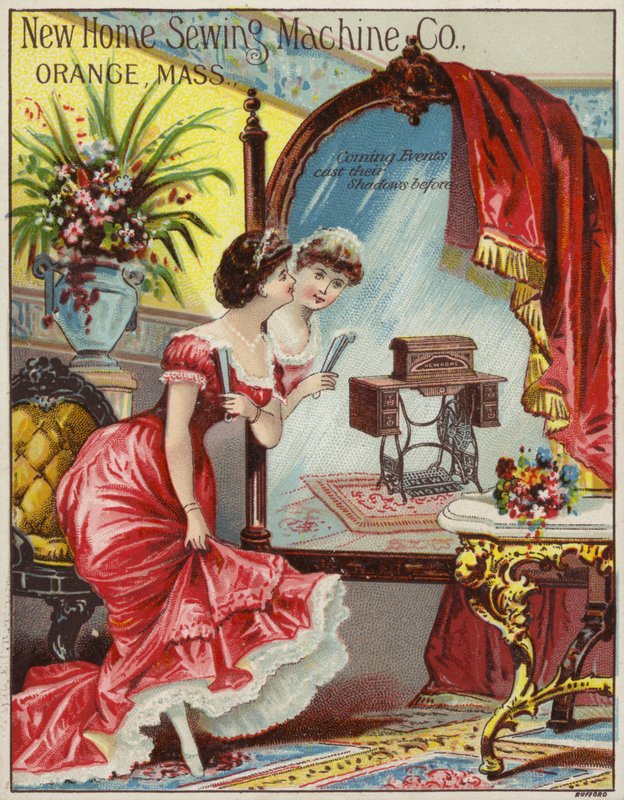 Senhora, admirando o reflexo da máquina de costura no espelho de American School