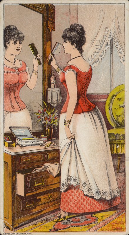 Senhora olhando no espelho usando roupas de American School
