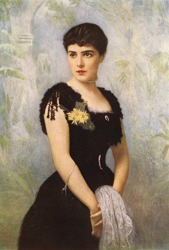 Lady Randolph Spencer-Churchill, nee Miss Jennie Jerome de Nova Iorque, que casou com Lord Randolph Spencer-Churchill (cor litho) de American School