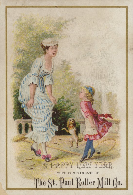 Senhora e menina dançando, cartão de ano novo de American School