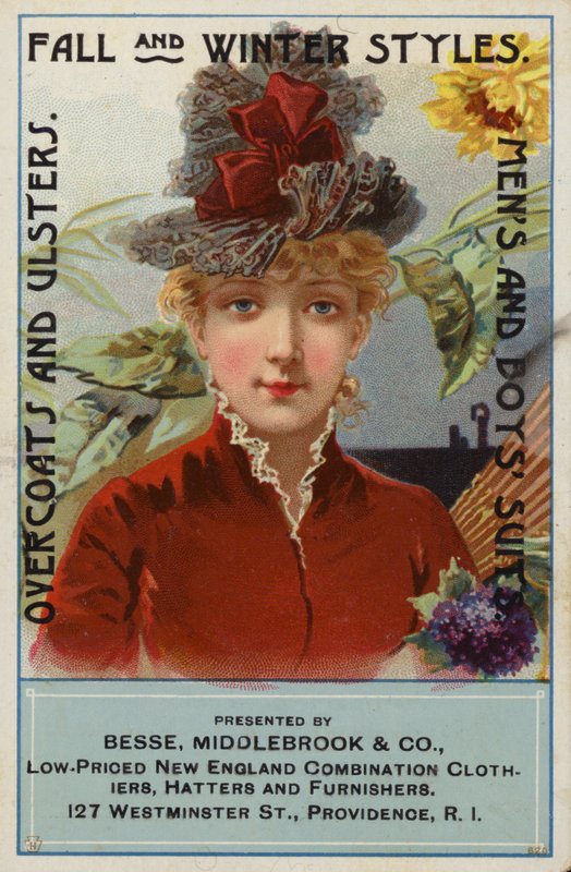 Senhora de vestido vermelho e capota de American School