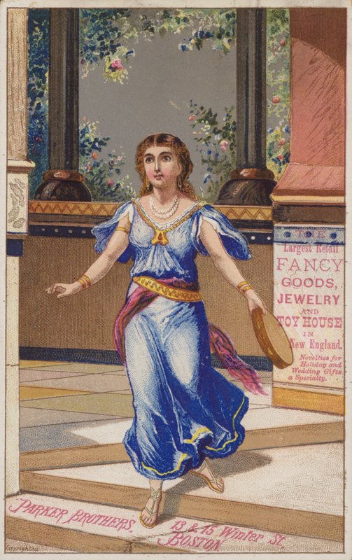 Senhora, em, vestido azul, segurando, tamborine de American School