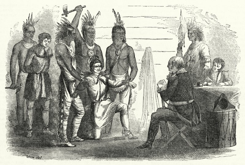 Tenente Boyd perante o Coronel Butler, um Incidente de Tolerância Selvagem e Vingança Civilizada (gravura) de American School