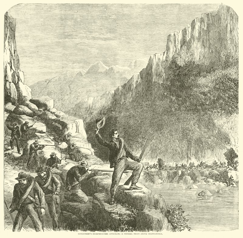 Longstreets atiradores atacando um trem federal acima de Chattanooga, outubro de 1863 de American School