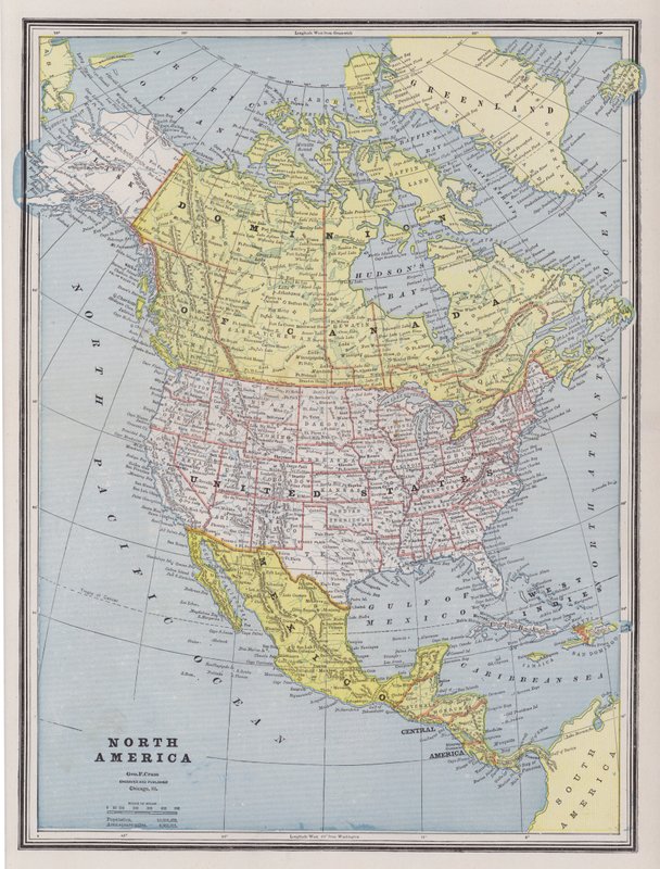 Mapa da América do Norte (gravação a cores) de American School