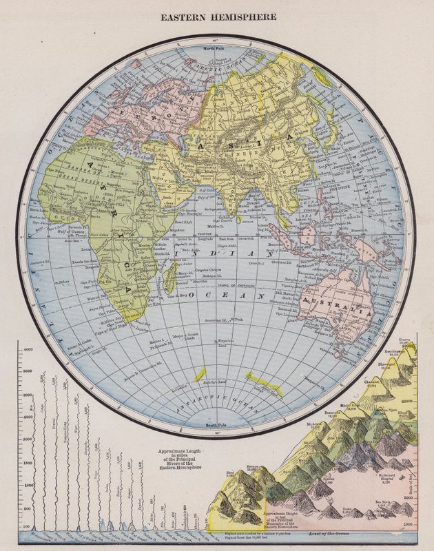 Mapa do Hemisfério Oriental (gravura colorida) de American School