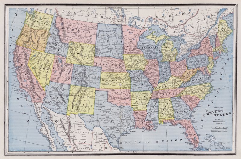 Mapa dos Estados Unidos da América (gravação colorida) de American School