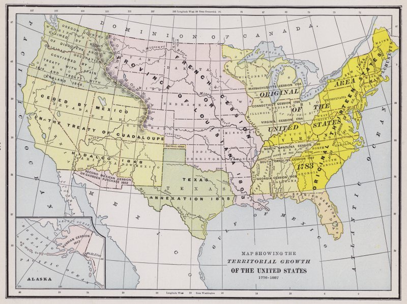 Mapa mostrando o crescimento territorial dos Estados Unidos (gravura colorida) de American School