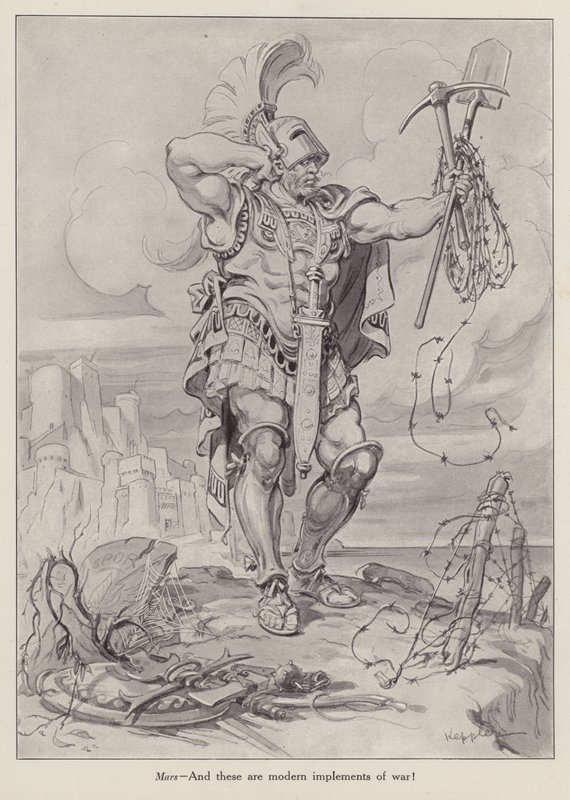 Marte, o deus romano da guerra, segurando pás e arame farpado utilizados na guerra de trincheiras (litografia) de American School
