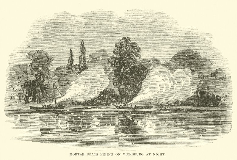 Barcos de morteiros atirando em Vicksburg à noite, julho de 1862 de American School