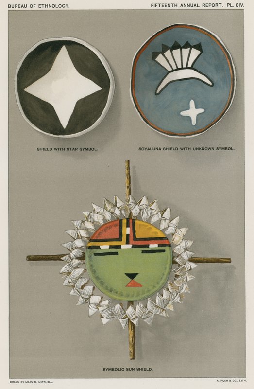 Escudos do nativo americano - escudo com símbolo de estrela, escudo de Soyaluna com símbolo desconhecido, protetor solar simbólico de American School