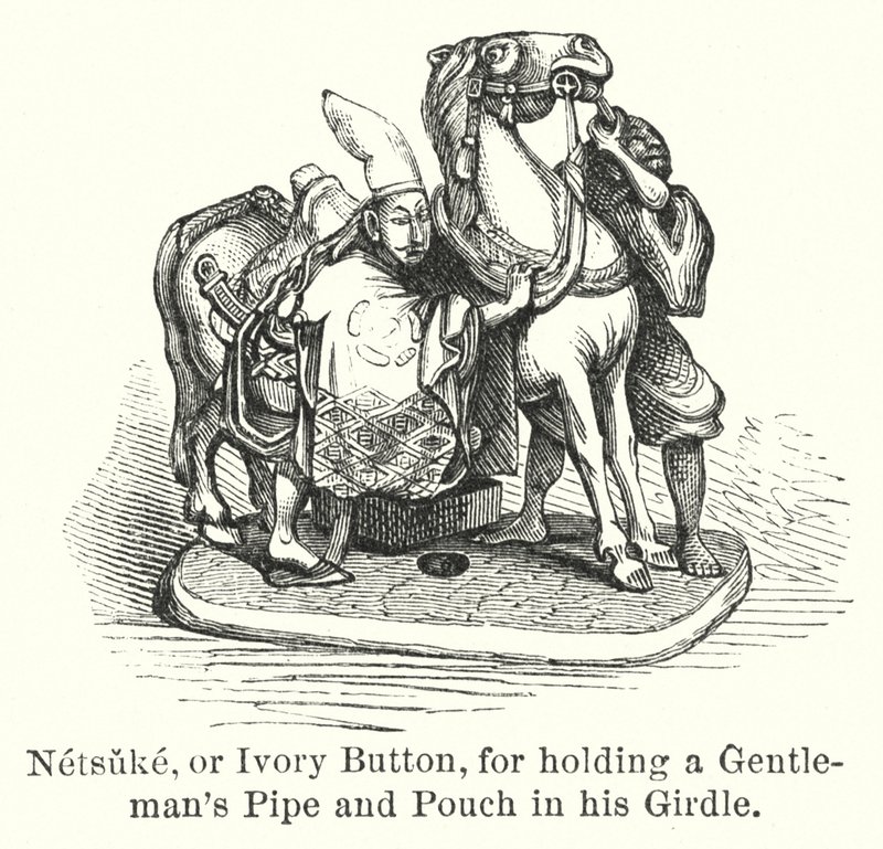 Netsuke, ou botão de marfim, para segurar um Cachimbo de Cavalheiro e uma bolsa no seu Girdle (gravação) de American School