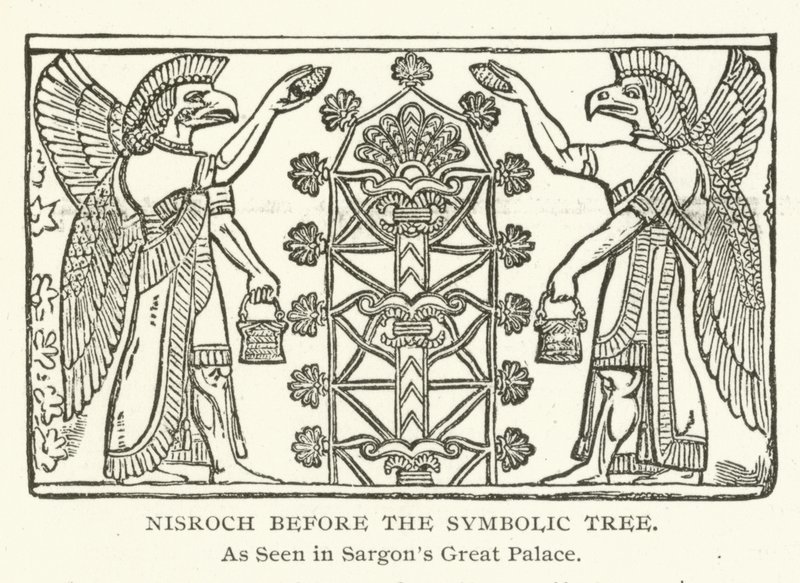 Nisroch antes da árvore simbólica, como visto em Sargons Great Palace de American School