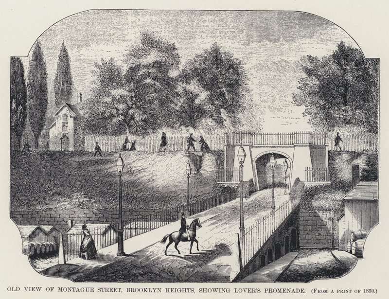 Vista antiga da Montague Street, Brooklyn Heights, mostrando Lover