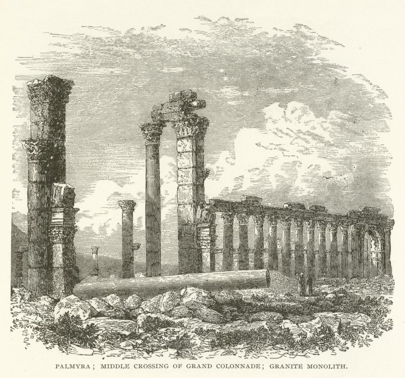 Palmyra; travessia do meio de Grand Colonnade; Monólito de granito de American School