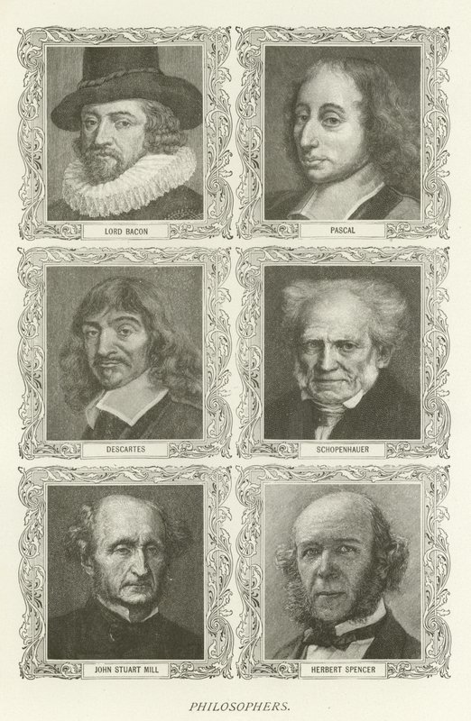 Filósofos, Lorde Bacon, Pascal, Descartes, Schopenhauer, John Stuart Mill, Herbert Spencer de American School