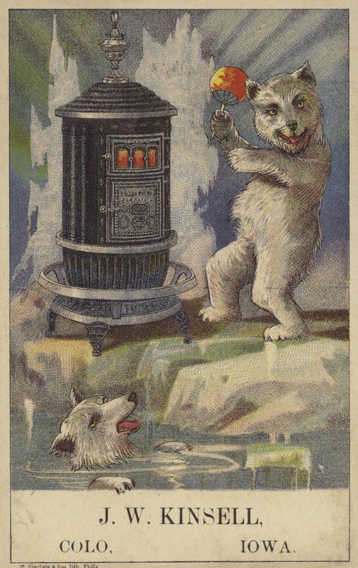 Urso polar dançando ao lado de um fogão (cromolito) de American School