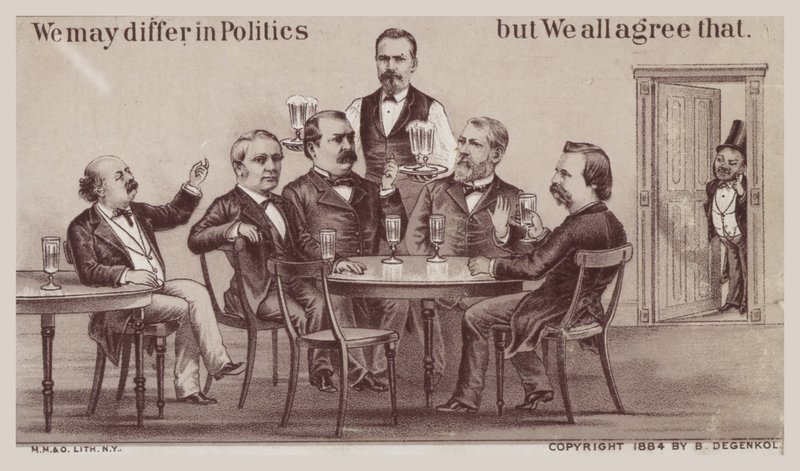 Políticos desfrutando de bebidas ao redor da mesa de American School