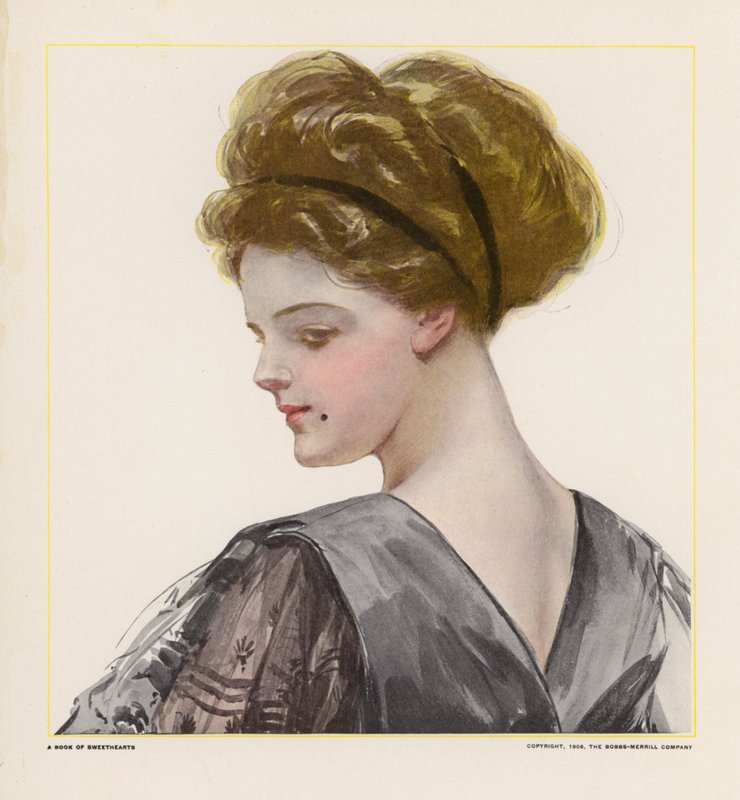 Retrato de uma jovem mulher com um vestido de noite preto (litografia a cores) de American School