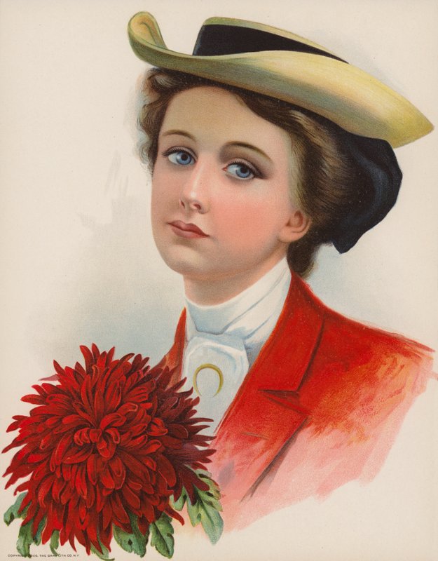 Mulher jovem e bonita com chapéu e um grande crisântemo vermelho na mão (litografia a cores) de American School