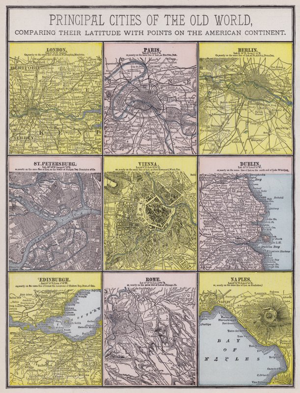 Principais cidades do Velho Mundo (gravura a cores) de American School