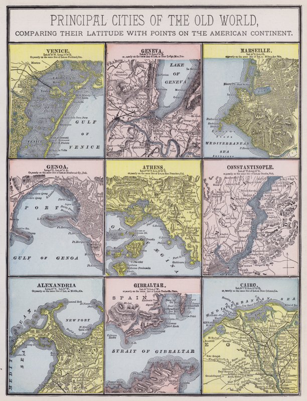 Principais cidades do Velho Mundo (gravura a cores) de American School