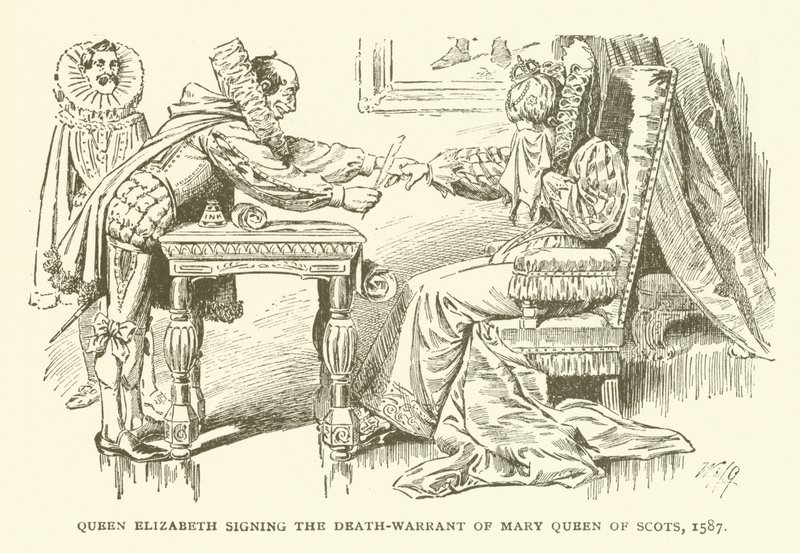 Rainha Elizabeth assinando a sentença de morte de Mary Queen of Scots, 1587 de American School