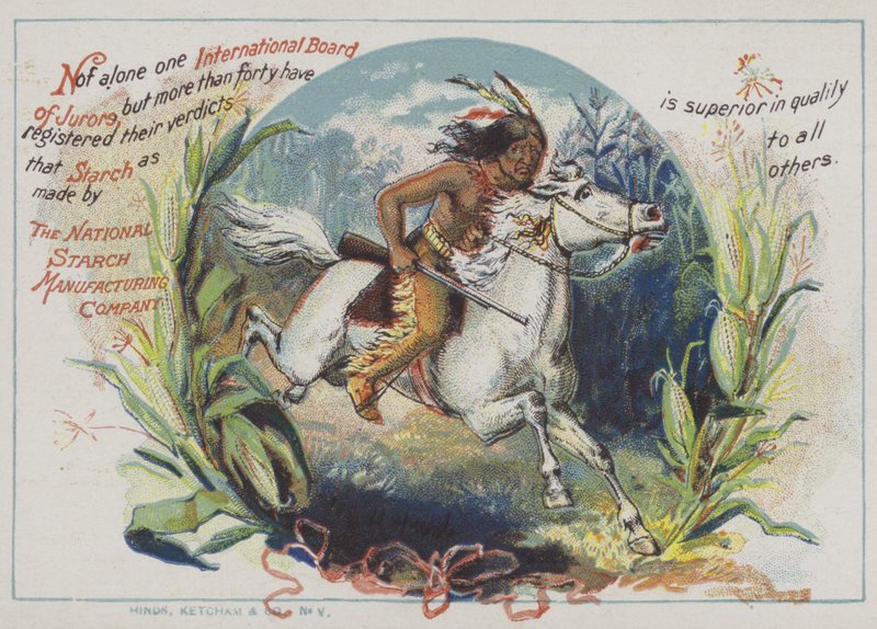 Índio vermelho a cavalo (chromolitho) de American School