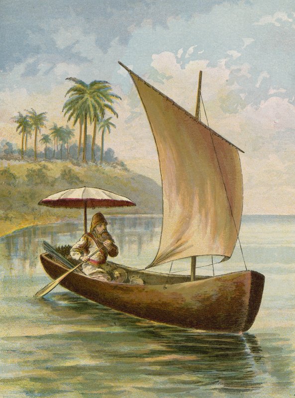 Robinson Crusoe navegando em seu barco de American School