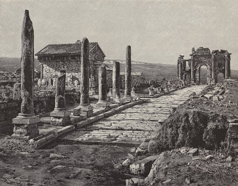 Ruínas da cidade romano-berbere de Timgad (antiga Thamugas), Argélia (gravura) de American School