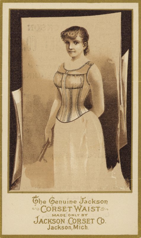 Fotografia sépia da senhora vestindo espartilho de American School