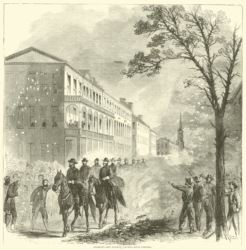 Exército de Shermans entrando em Columbia, Carolina do Sul, fevereiro de 1865 de American School