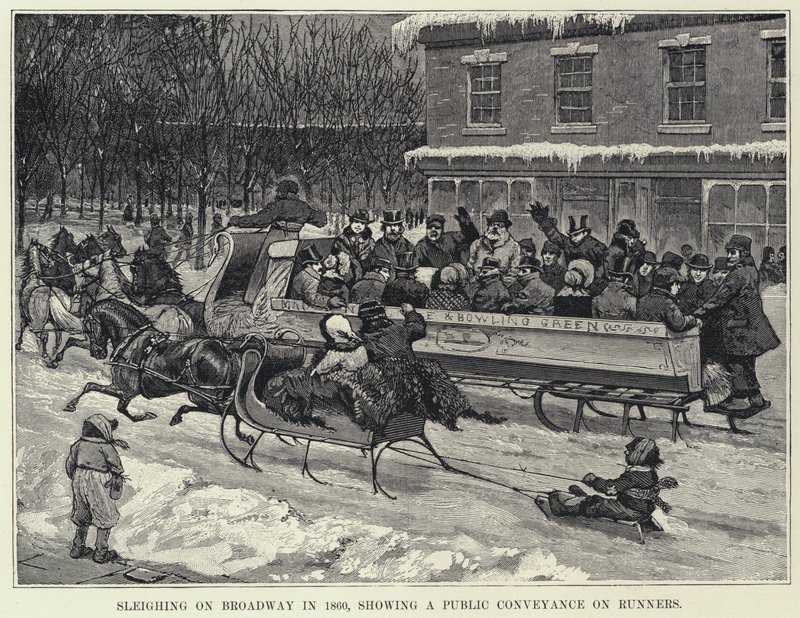 Sleighing on Broadway em 1860, mostrando um transporte público em corredores (litho) de American School