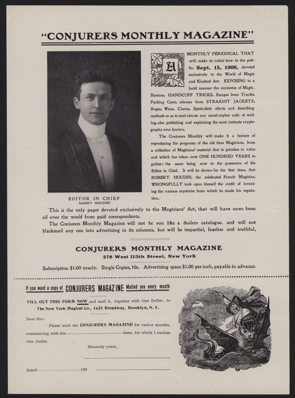Formulário de assinatura da revista Conjurers Monthly Magazine, Editor Chefe Harry Houdini (litho) de American School