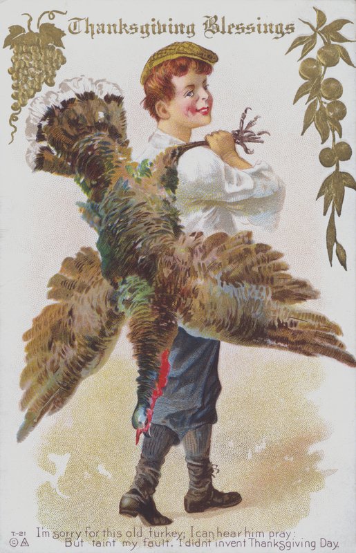 Cartão de Ação de Graças representando um homem com um peru. (chromolitho) de American School