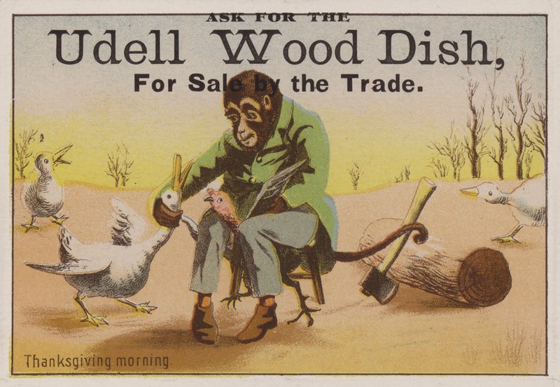 Manhã de Ação de Graças, publicidade em cartão de comércio Udell pratos de madeira de American School