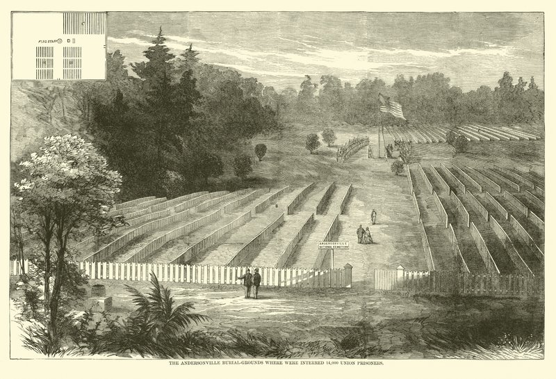 Os cemitérios de Andersonville onde foram enterrados 14.000 prisioneiros da União, maio de 1865 de American School