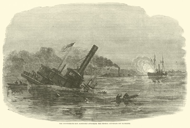 O confederado Ram Albemarle atacando as canhoneiras federais de Plymouth, outubro de 1864 de American School