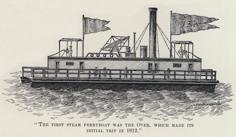 "O Primeiro Ferryboat a Vapor foi o Over, que fez a sua Viagem Inicial em 1812" (litho) de American School