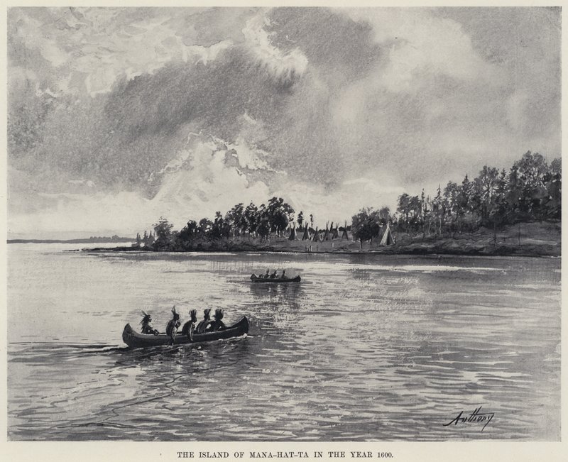A Ilha de Mana-hat-ta no ano de 1600 (litho) de American School