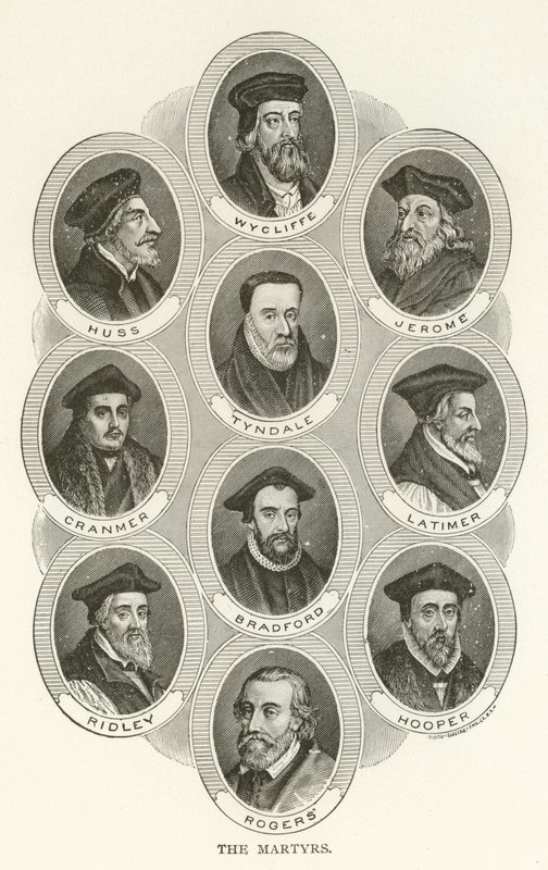 Os Mártires, Wycliffe, Huss, Jerônimo, Tyndale, Cranmer, Latimer, Bradford, Ridley, Hooper, Rogers de American School