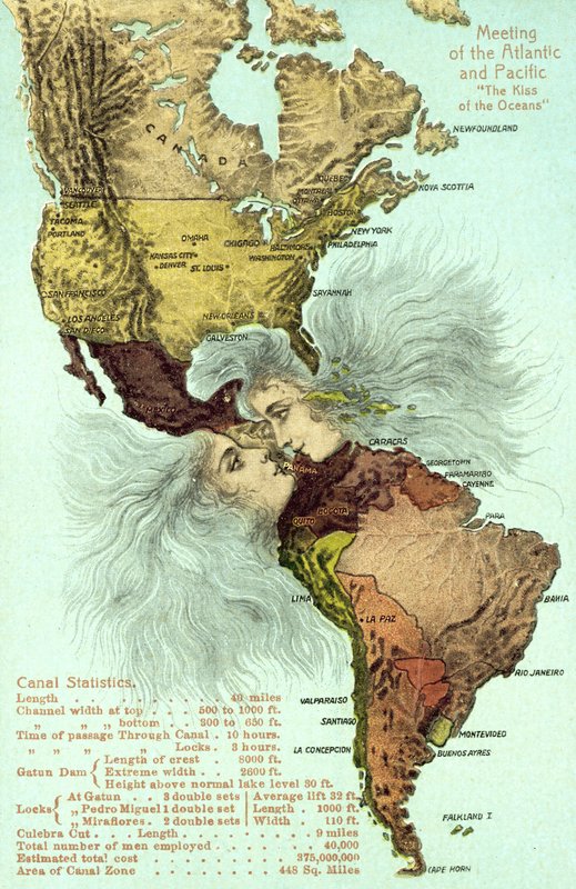 O Canal do Panamá, Oceanos Pacífico e Atlântico beijando-se (cor litho) de American School