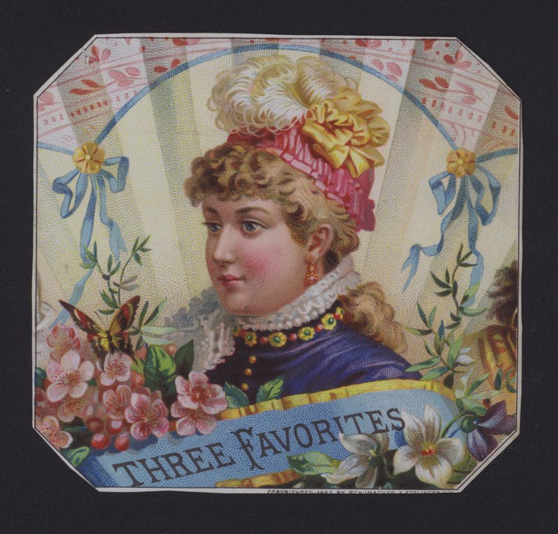 Três Favoritos, etiqueta de charuto (cromolito) de American School