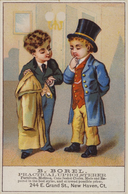 Dois meninos em discussão, anúncio de estofos de American School
