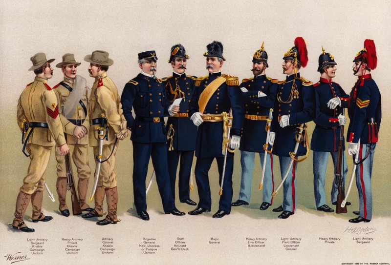 Exército dos EUA, uniformes, 7 artilharia, 3 figuras de Oficiais de American School