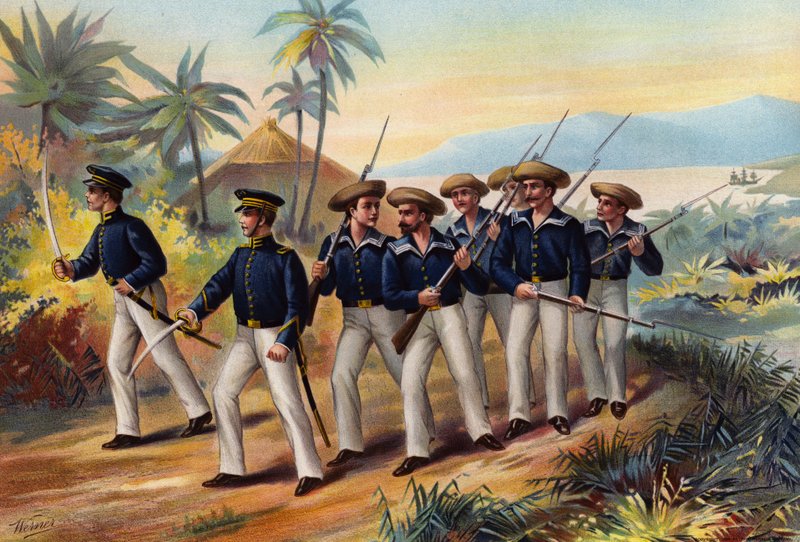 Marinha dos EUA, tenente, aspirante e marinheiros armados de American School